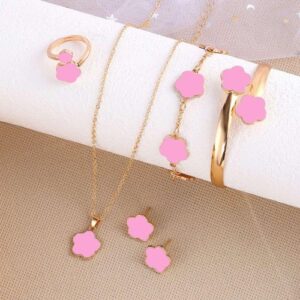 5-in-One Titanium Steel Five-Leaf Clover Jewelry Set - Pink