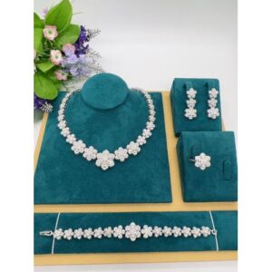 Authentic Sophisticated Unique Diamond Silver Necklace/Bracelet/Ring And Earrings Jewelry Set