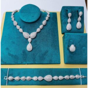 Authentic Classy Unique Diamond Silver Necklace/Bracelet/Ring And Earrings Jewelry Set