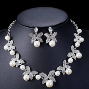 Beauty Silver Flower Pearls Bridal Necklace Tiara Earrings For Women Girls