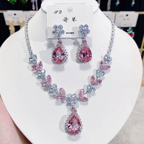 2025 Classic Pink Water Drop Diamond Pendant Necklace Earrings Jewelry Set For Women Girls