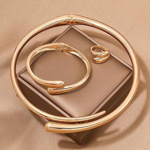 New Hip Hop Jewelry Set Open Necklace Bangle Ring Set For Women Girls - Gold