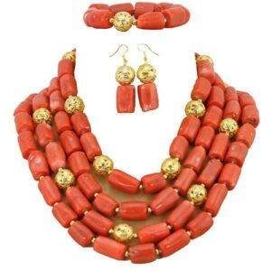 4 Blocks Coral Beads Sets;Earings+1bracelets With Gold Balls