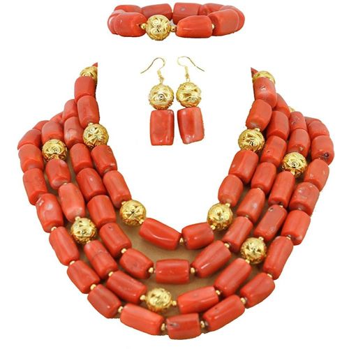 4 Blocks Coral Beads Sets;Earings+1bracelets With Gold Balls