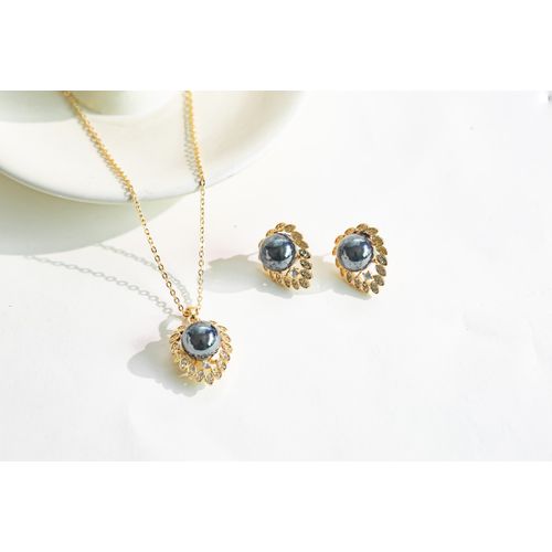 Black Pearl Laurel Leaf Jewelry Set - Earrings & Necklace