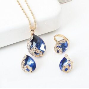3 In 1 Necklace And Earrings + Ring Jewelry  Set BLUE