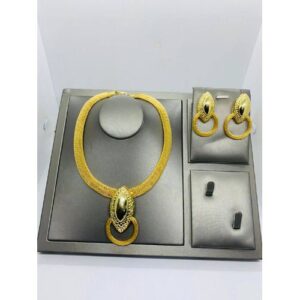 Authentic Classy Unique Diamond Gold Steel Necklace And Earrings Jewelry Set