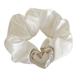 Heart Design Hair Tie Chic Satin Hair Tie with Heart Decor Cream Color White