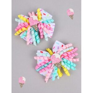 2pcs For Girls Curly Ice Cream Pattern Bow Grosgrain Ribbon Korker Pigtail Bows Alligator Clips