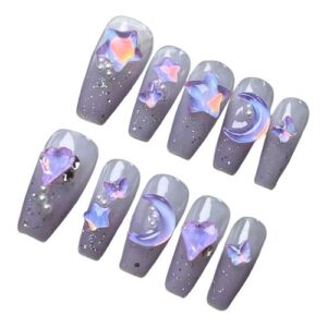 Women Glossy Glue on Nails Sugar Cream Sparkling Handmade Fake Nails Suitable for Dating Party Holiday,XS NO5113