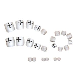 Reusable Press on Toe Nails Hot Girl Metallic Cross Ribbing Glue-On Fake Toenails for Gel Art Women and Girls 24Pcs,Jelly Glue Model NO5119