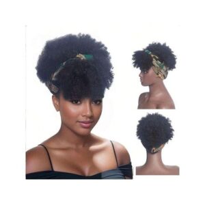 For Women Headband Attached Synthetic Short Curly Hair Wigs Kinky With Bangs Natural Black Afro Wig