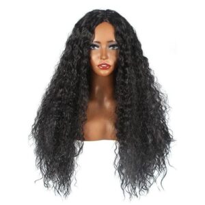 Black split winding tube with long hair and small curly hair synthetic chemical fiber wig for women.