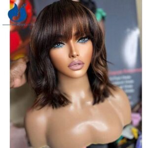Amethyst Highlight Wave Bob Wigss With Bangs For Women Scalp Top Full Machine Short Bob Wigs Brazilian Remy