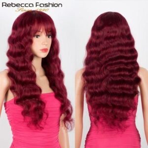 Glueless Burgundy Loose Wavy Wigss With Bangs Loose Deep Wave Body Wave Bangs Wigss Full Mahchine