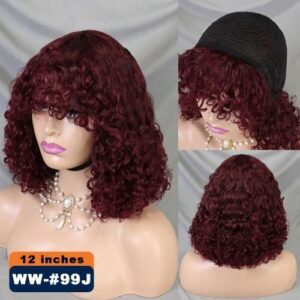 99J Burgundy Jerry Curly Bob Cut Wigss with Bangs Full Machine Made Wigs 200% Density Water Wave Wigs for