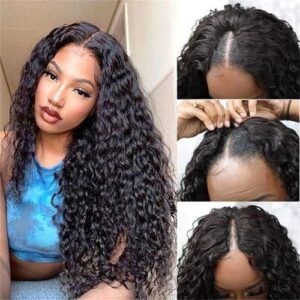 180% Density Deep Curly V Part Wigs Cheap Full Machine Made Wigs Natural Black Remy Water Wave V Part Wigs