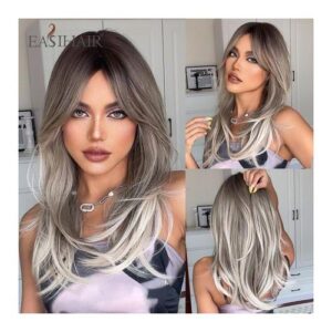 Easihair Golden Blonde Straight Synthetic Wigs With Bangs Medium Length Layered Hair Wigs For Women Daily Cosplay Heat Resistant