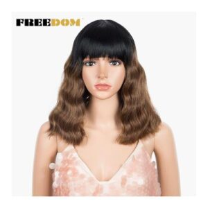 Freedom Synthetic Short Bob Wig With Bangs Cosplay Wig Deep Wave Ombre Brown Purple Blue Wig Synthetic Wigs For Black Women