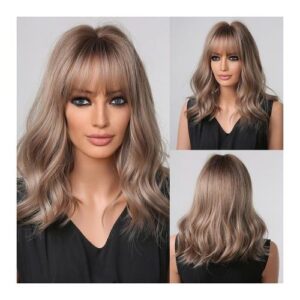 Brown Blonde Medium Wavy Synthetic Wig Ombre Shoulder Length Wig Middle Part For Black Women Natural Cosplay Heat Resistant Hair