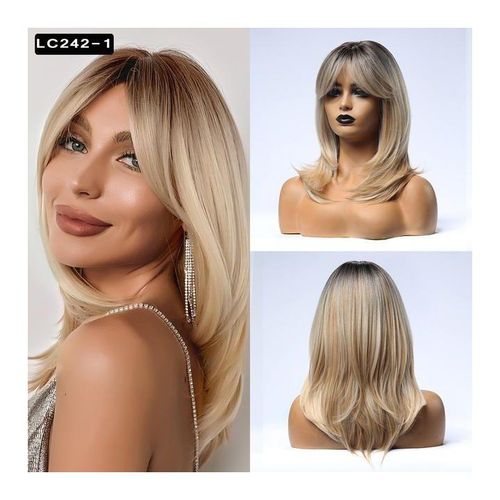 Element Synthetic Wigs Medium Straight Blonde Mixed Brown Bob With Bangs Wig For Women Cosplay Daily Heat Resistant Headband
