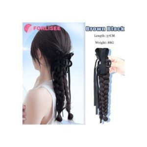Forlisee Wig Braid Female Fried Dough Twists Braid Ballet Style Natural Sweet Ribbon Clip Double Braid Ponytail Wig