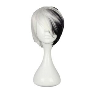 Fei-Show Hair Synthetic Heat Resistant Short Wavy Hair Costume Cos-Play Cartoon Role Peruca Peruk Half Black And White Bob Wig