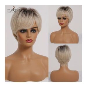 Easihair Short Brown Mixed Grey Natural Hair Synthetic Wigs For Women Layered Short Hair Wigs Side Bangs Heat Resistant Cosplay