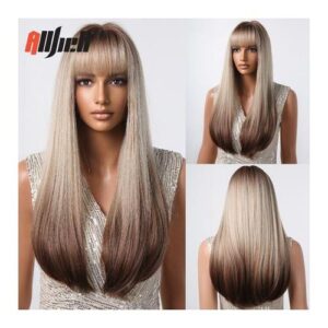 Allbel Black Synthetic Wigs Medium Length Straight With Highlight Bob Wig With Bangs For Black Women Afro Heat Resistant Fiber