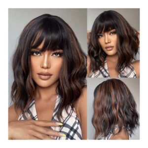 Black Brown Highlight Golden Bob Synthetic Wigs With Bangs Short Curly Wigs For Women Water Wave Wigs Lolita Hair Heat Resistant
