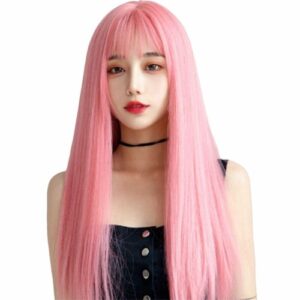 Natural Dark Wigs with Bangs Heat Resistant Fiber Hair Party Wig Suitable For New Years Gift,Light Pink NO5116