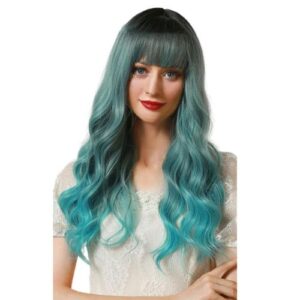 Realistic Long Curly Hair Wig Light Weight Simulated Scalp Wig for Beauty Women Party Cosplay,Gradient Blue NO5114