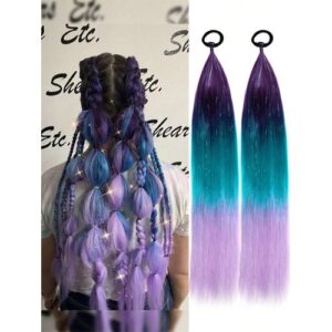 2pcs/Pack 24inch Kids Extension With Tie, Dark Pink Green Light Purple Extension, Crazy Day, Colored
