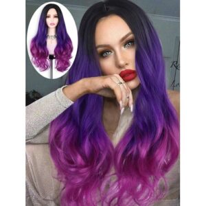 Purple Long Curly Wavy Hair Heat Resistant 3 Tones Dark Roots Synthetic Cosplay Wigs Women 26" (1B