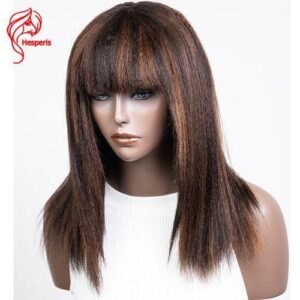 Hesperis Italian Yaki Straight Highlight Wigs Wear And Go Brazilian Remy Full Machine Made Wigs With Bangs
