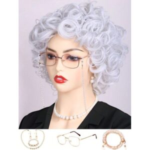 Old Lady Sier White 100 Days Of School Grandma Accessory Kit Short Hoary Heat Resistant Synthetic
