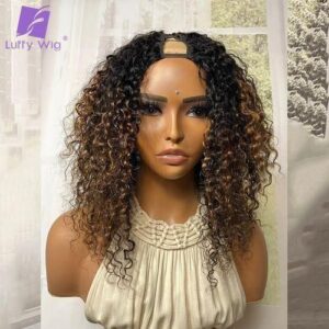 Ombre Brown V Part Wigs Deep Curly Glueless No Leave Out U Part Wigss 200 Highlight Full Head Clips Blend