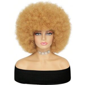 Short Black Women Blonde 12 Inch Afro Curly Wig With Bangs 70s Bouncy Natural Synthetic Female Wigs