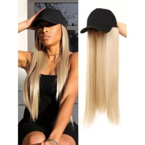 Long Straight Extensions Women Adjustable Synthetic Wig Attached Hair Black Baseball Cap For White/