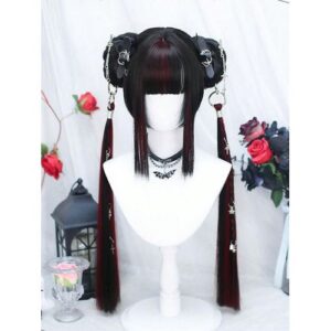 DIY Anime Cosplay Bangs Synthetic Two-Dimensional Black Highlights Red With Hair Loop Double Long