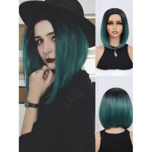 12 Inch Natural Short Black To Green Colourful Bob High Temperature Women Middle Part Straight