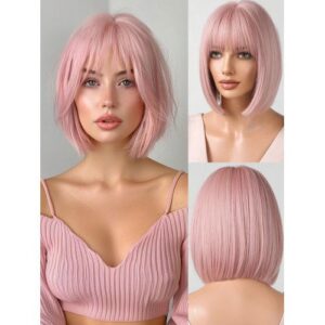 12 Inch Short Straight Hot With Bangs Synthetic Pink Bob Cosplay Wig For Women Girls Colored Wigs