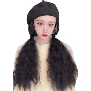 2-in-1 Women Wig Beret Cap Naturally Long Curly Wig Winter Autumn Warm Hat New,Black NO5124