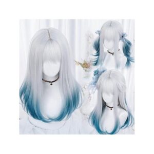 Ombre Grey Blue Medium Length Synthetic Straight With Bangs Women Lolita Cosplay Fluffy Hair Wig For