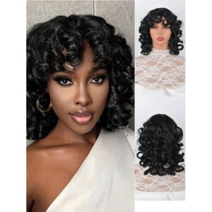 14 Inch Black Short Suitable Women Fluffy Wavy With Bangs Shoulder Length African Quirky Curly Hair