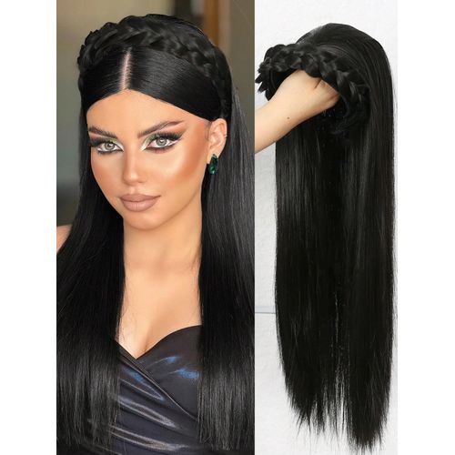 Synthetic Band Long Wavy Extensions With Twisted Braids, Black Brown Color, Natural Half Wig Hair