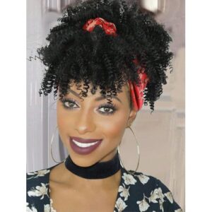 Black For Synthetic Hair Headband Attached Short Kinky Curly Afro High Puff With Bangs Stripes Wig