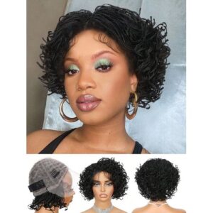 Pixie Full Double Lace Hand-Tied Braided Synthetic Square Part Knotless Curly Box Braids Bob With