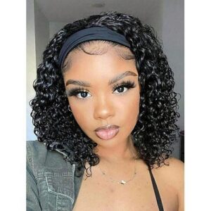 Headband Short Bob Kinky Curly Glueless Band Wig Synthetic Deep Wave Wigs With Head Wraps For Women