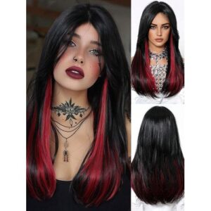 Long Straight Black Mixed Wine Red Women, 18-Inch Glueless Realistic Silky Synthetic Wig With Bangs,